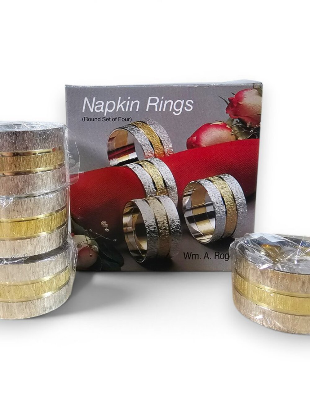 Wm A Rogers Napkin Rings Set of 4 Silverplate with Brass Gold Tone Oneida in Box